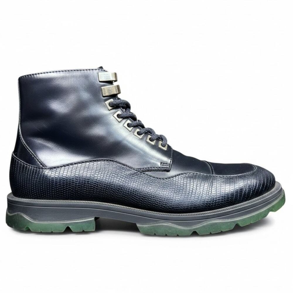 Jimmy Choo Baldwin Lizard Reptile Leather Navy Black Combat Boots EU 44 US 10.5